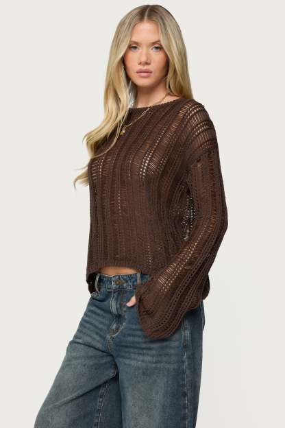 Jaide Sheer Ladder Knit Sweater - BROWN