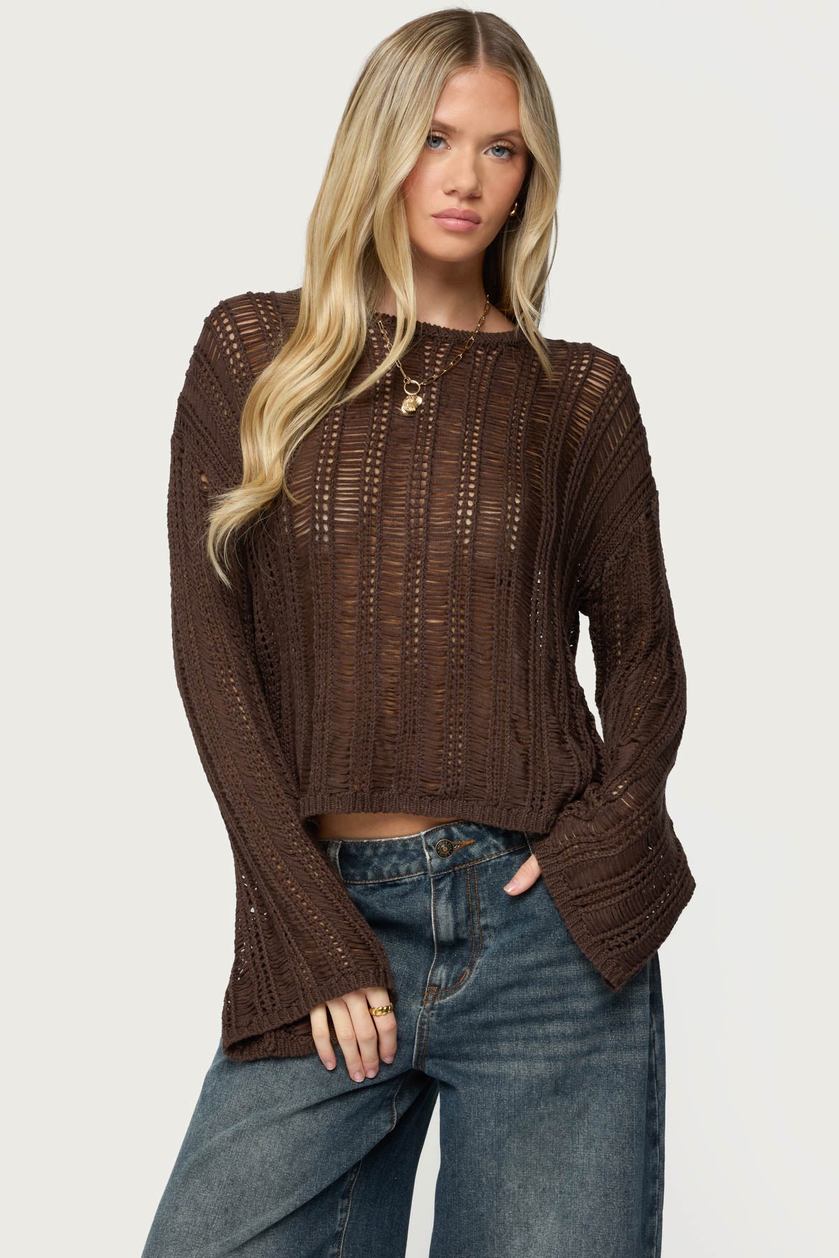 Jaide Sheer Ladder Knit Sweater - BROWN