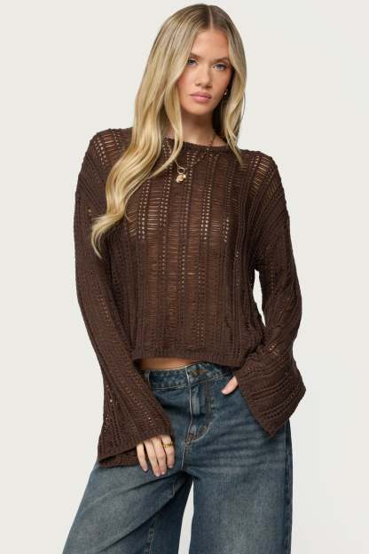 Jaide Sheer Ladder Knit Sweater - BROWN