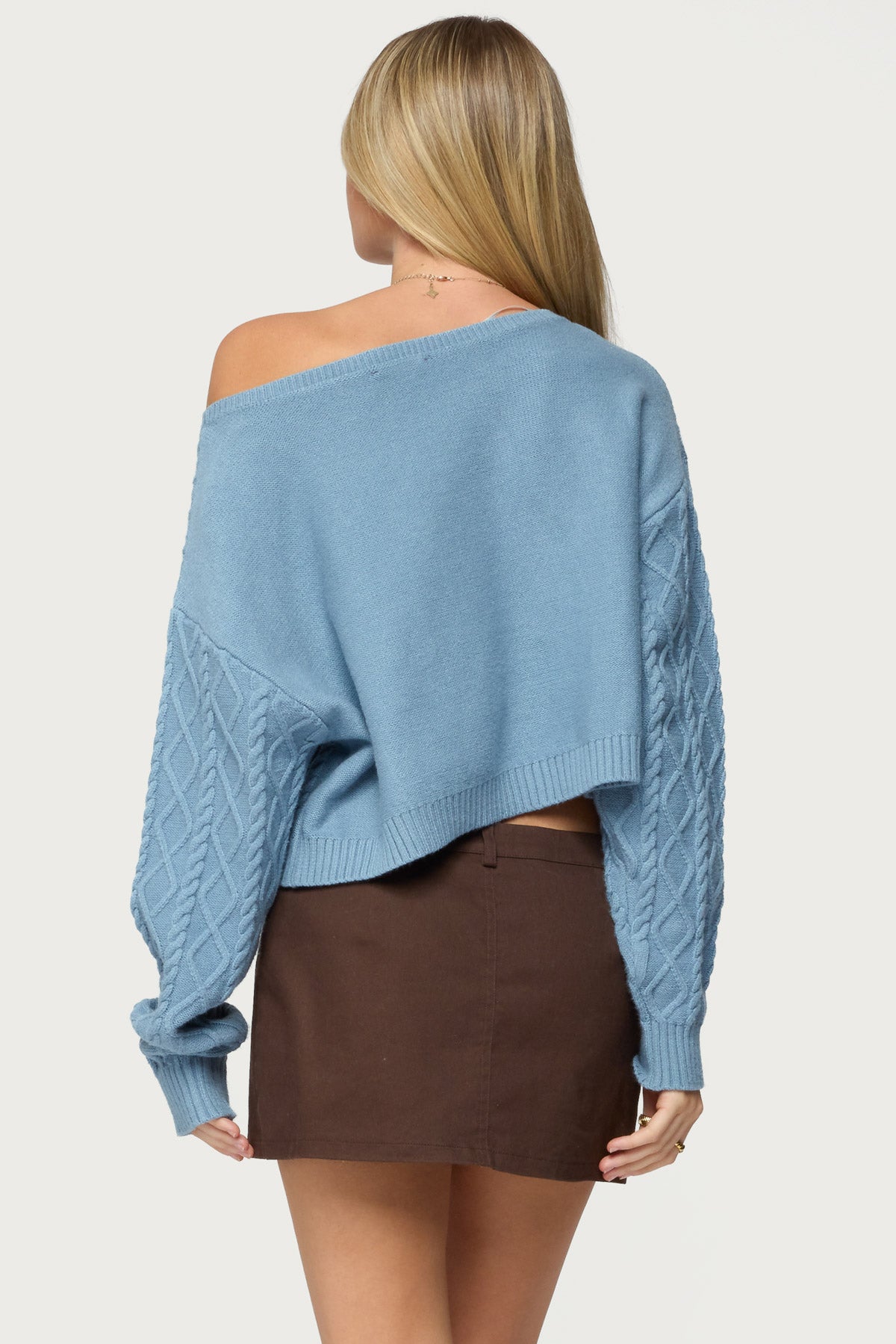 Oversized Off Shoulder Cable Knit Sweater - BLUE