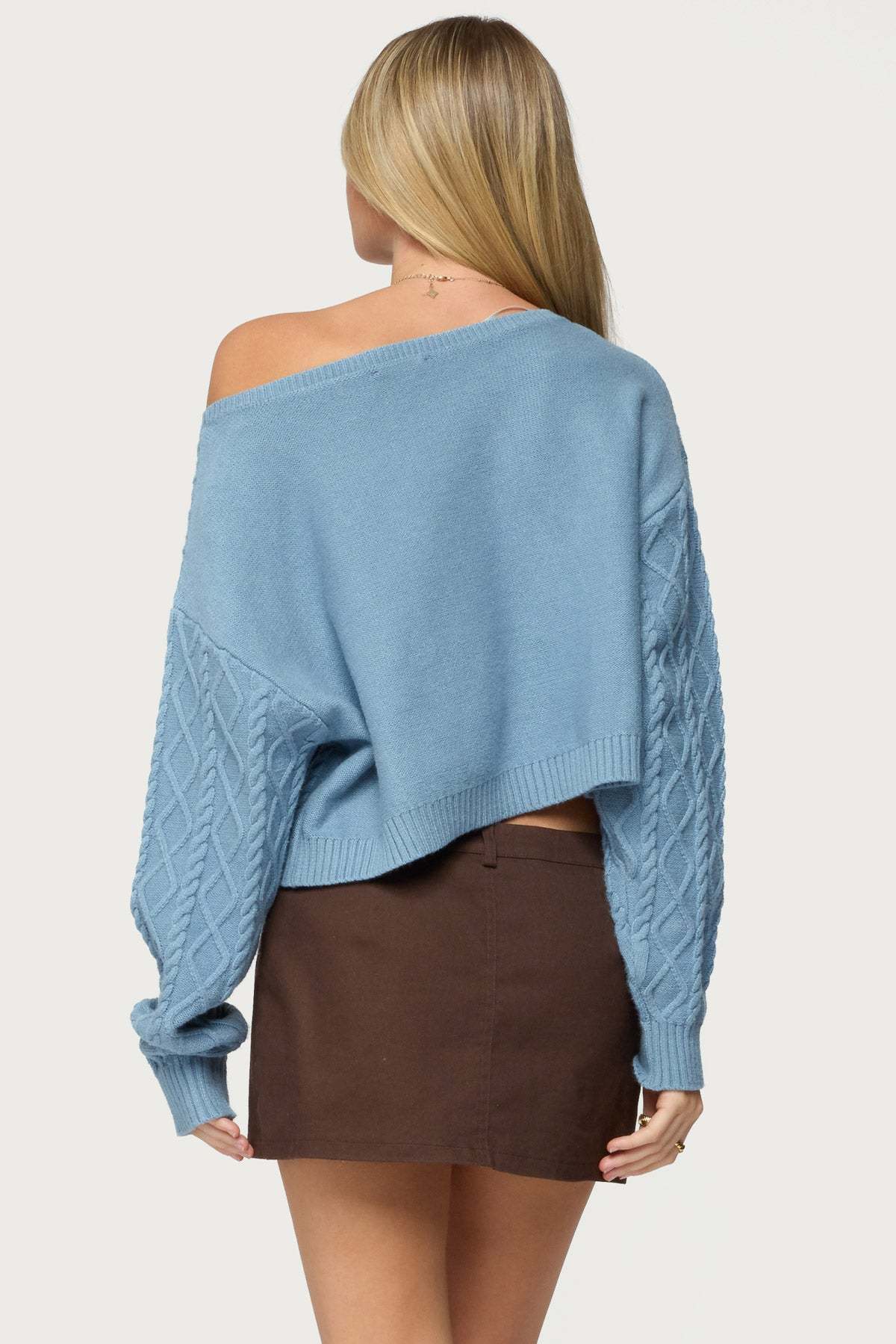 Oversized Off Shoulder Cable Knit Sweater - BLUE
