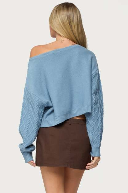 Oversized Off Shoulder Cable Knit Sweater - BLUE