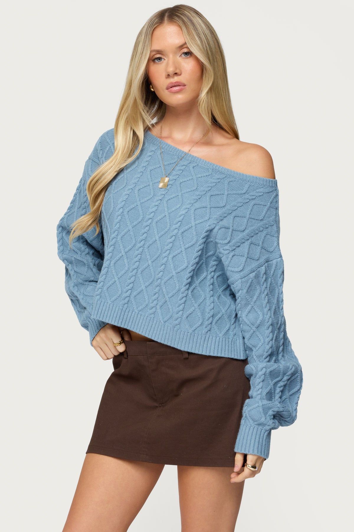 Oversized Off Shoulder Cable Knit Sweater - BLUE