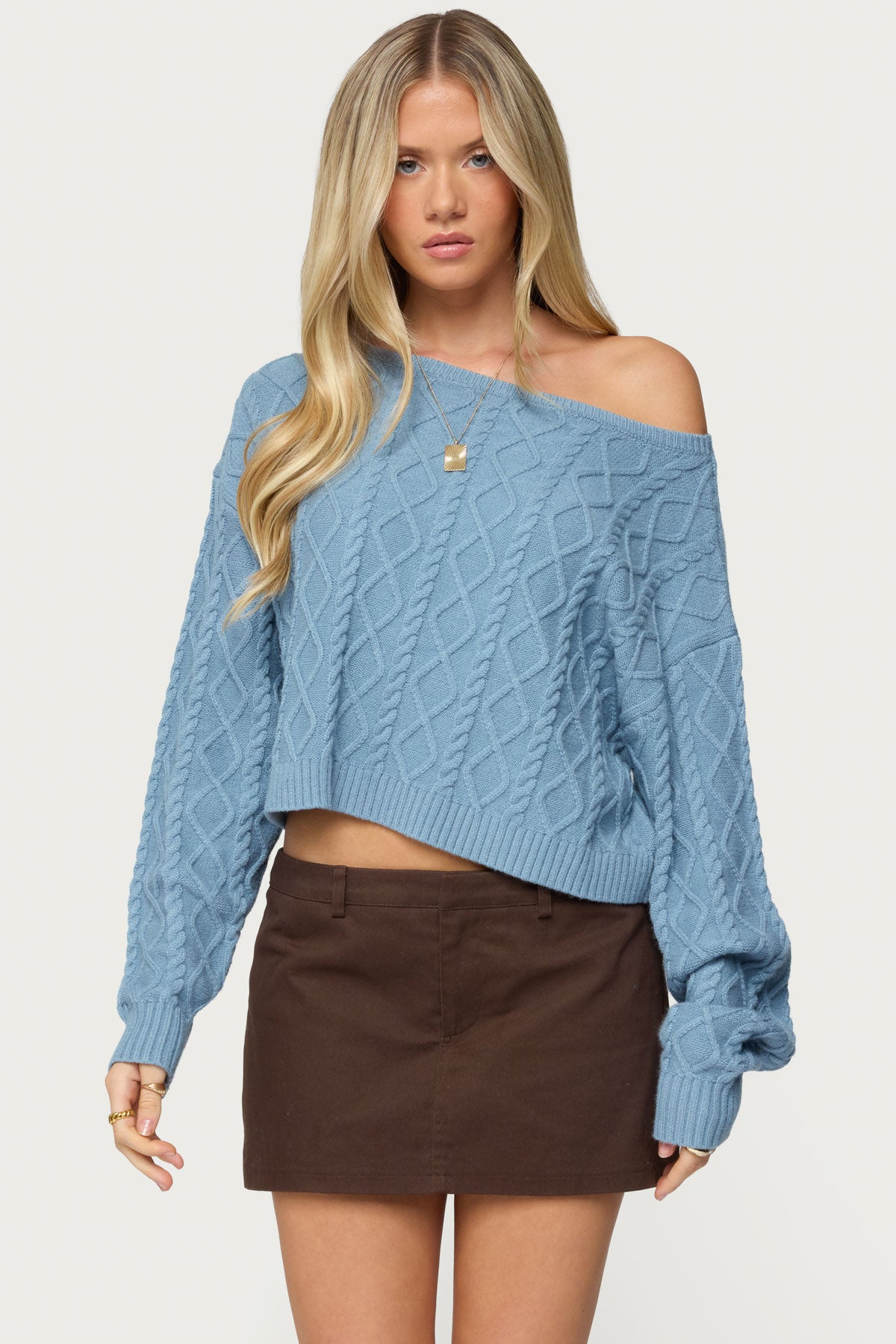 Oversized Off Shoulder Cable Knit Sweater - BLUE