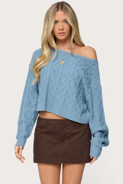 Oversized Off Shoulder Cable Knit Sweater - BLUE