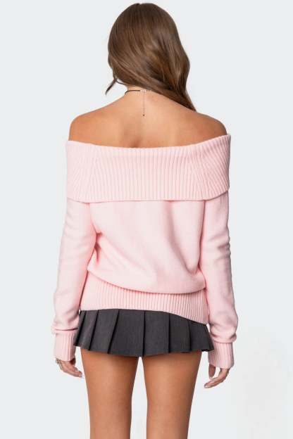 Marilyn Buckled Off Shoulder Sweater - PINK