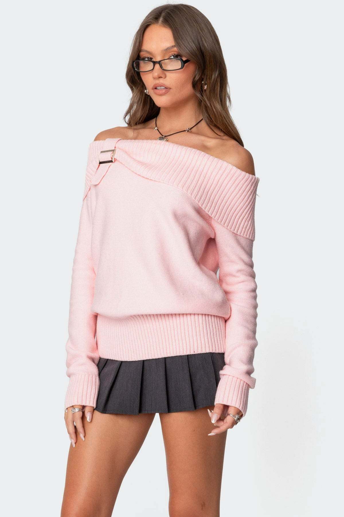 Marilyn Buckled Off Shoulder Sweater - PINK