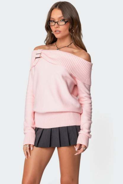 Marilyn Buckled Off Shoulder Sweater - PINK