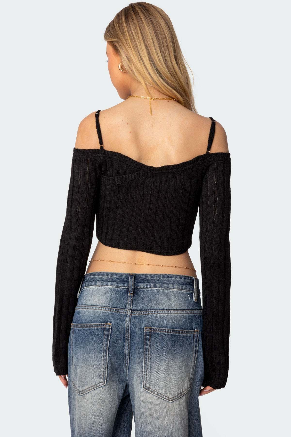 Triangle Hem Off Shoulder Sweater - BLACK