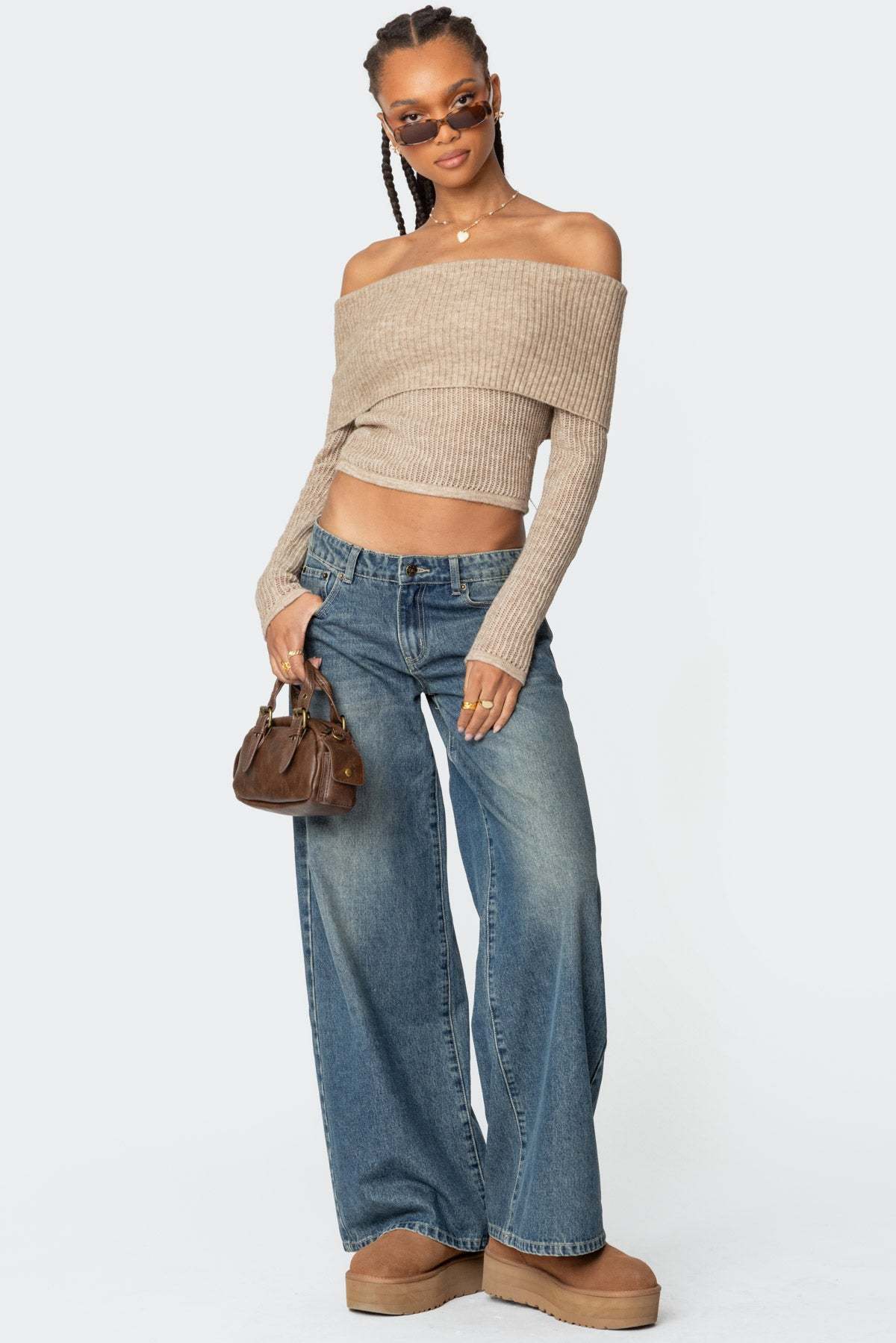 Lili fold over knit top - BEIGE