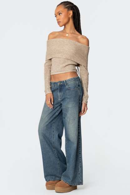Lili fold over knit top - BEIGE