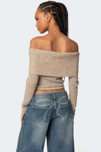 Lili fold over knit top - BEIGE