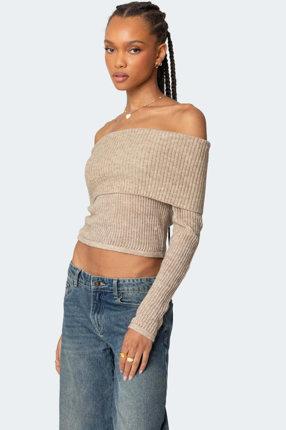 Lili fold over knit top - BEIGE