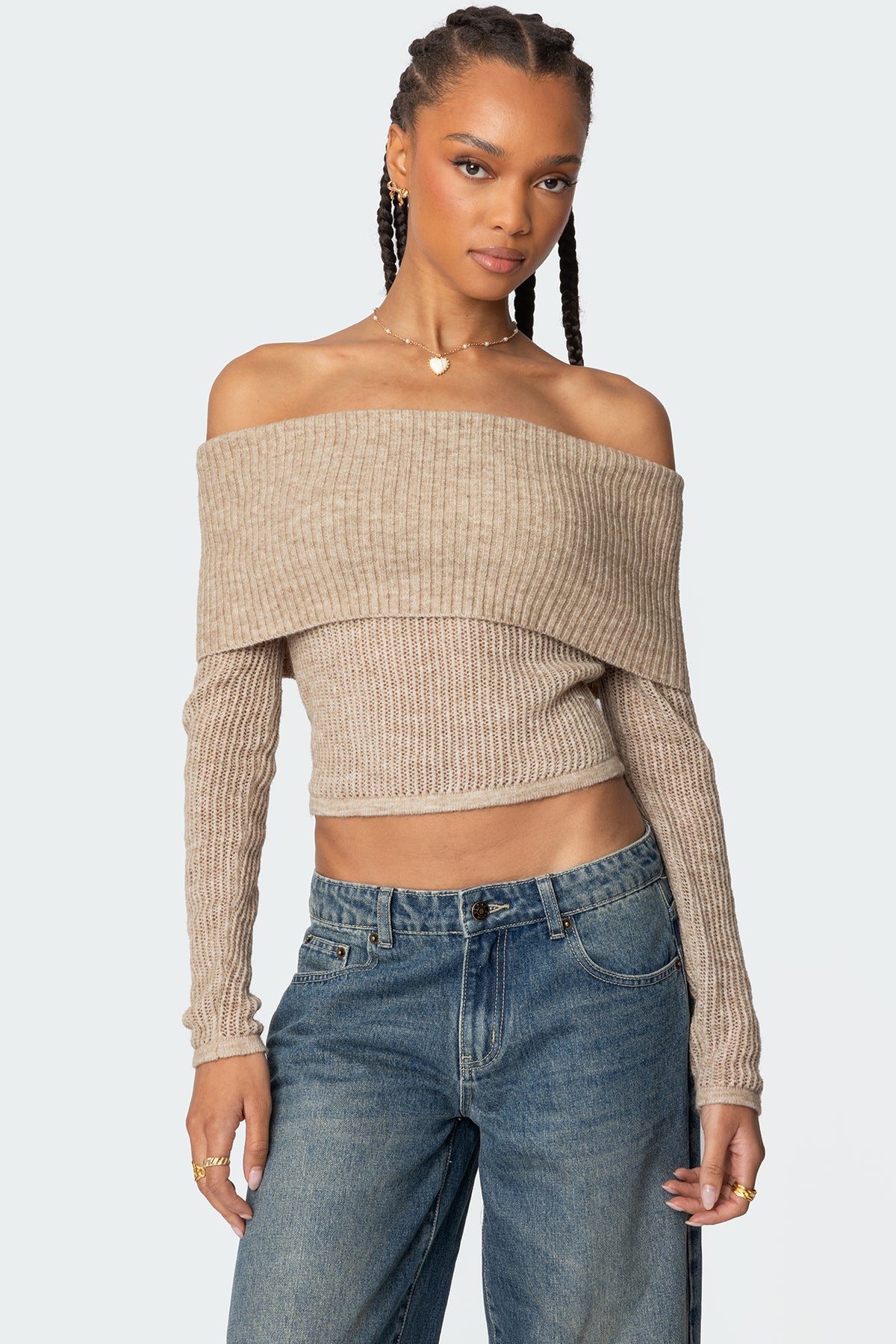 Lili fold over knit top - BEIGE