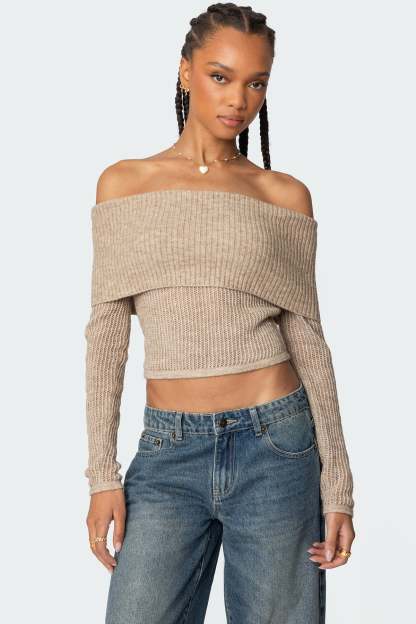 Lili fold over knit top - BEIGE