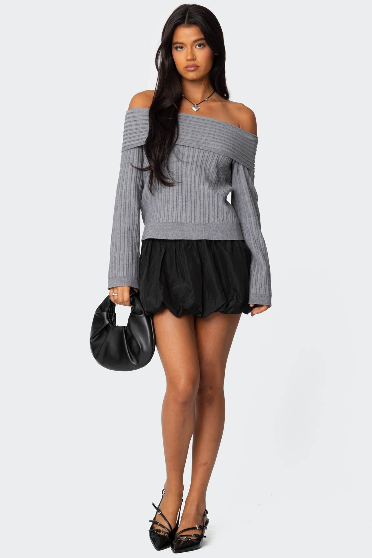 Brandy Fold Over Ribbed Sweater - DARK GRAY