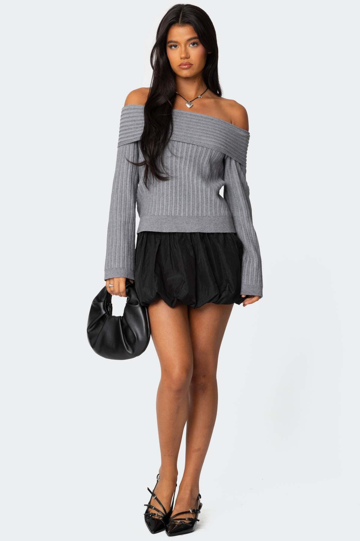 Brandy Fold Over Ribbed Sweater - DARK GRAY
