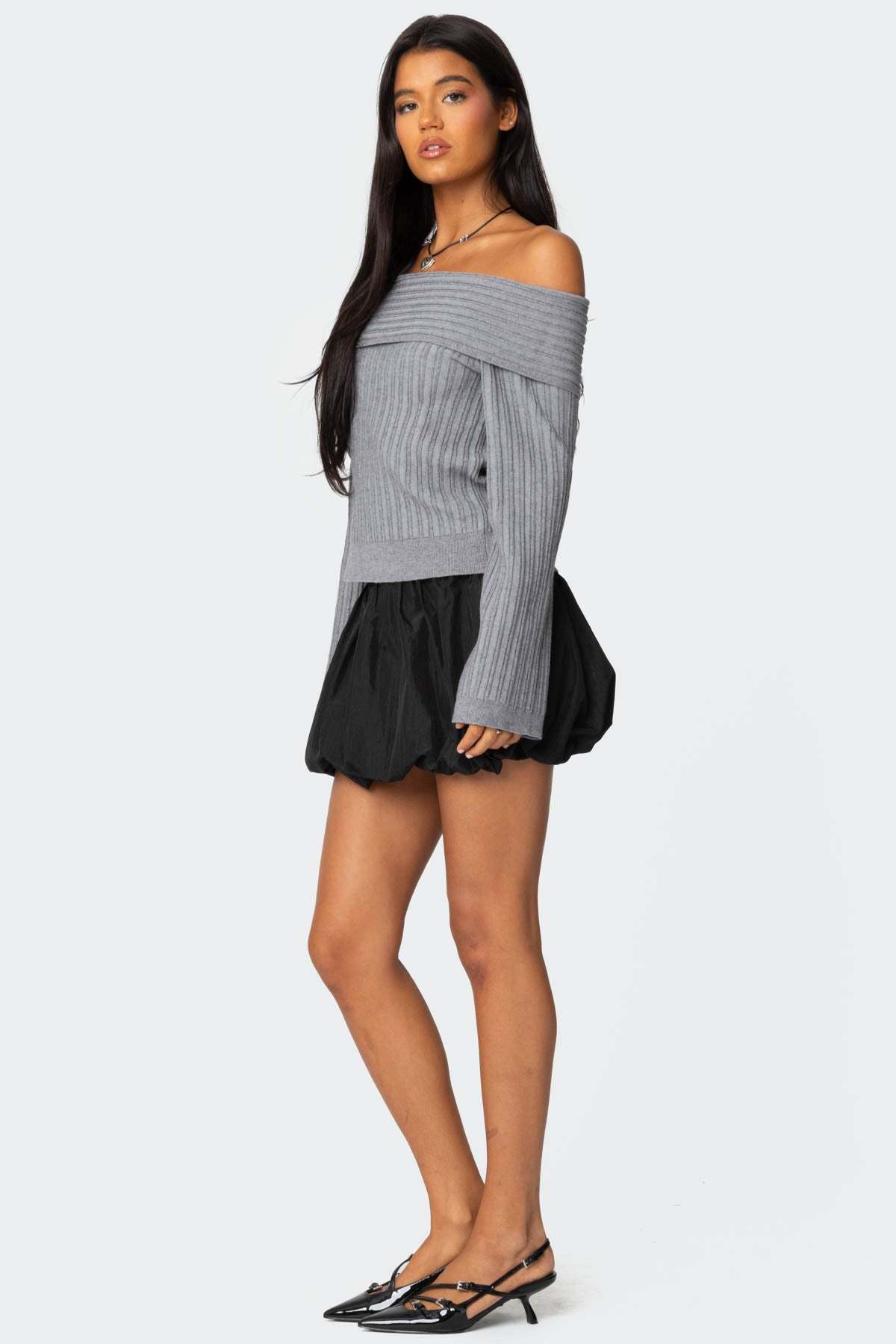 Brandy Fold Over Ribbed Sweater - DARK GRAY
