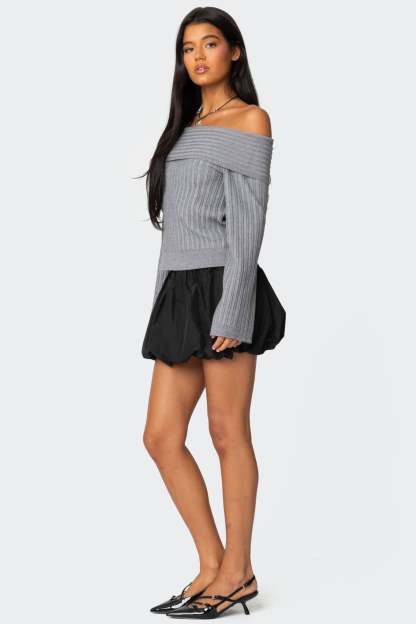 Brandy Fold Over Ribbed Sweater - DARK GRAY