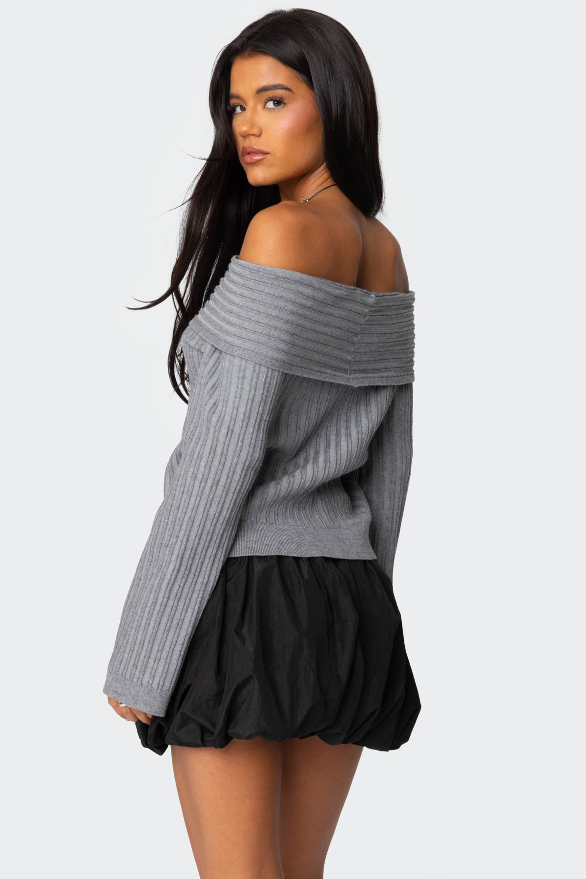 Brandy Fold Over Ribbed Sweater - DARK GRAY