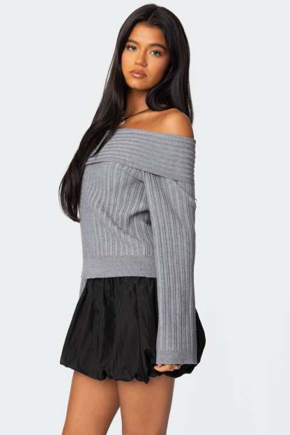 Brandy Fold Over Ribbed Sweater - DARK GRAY