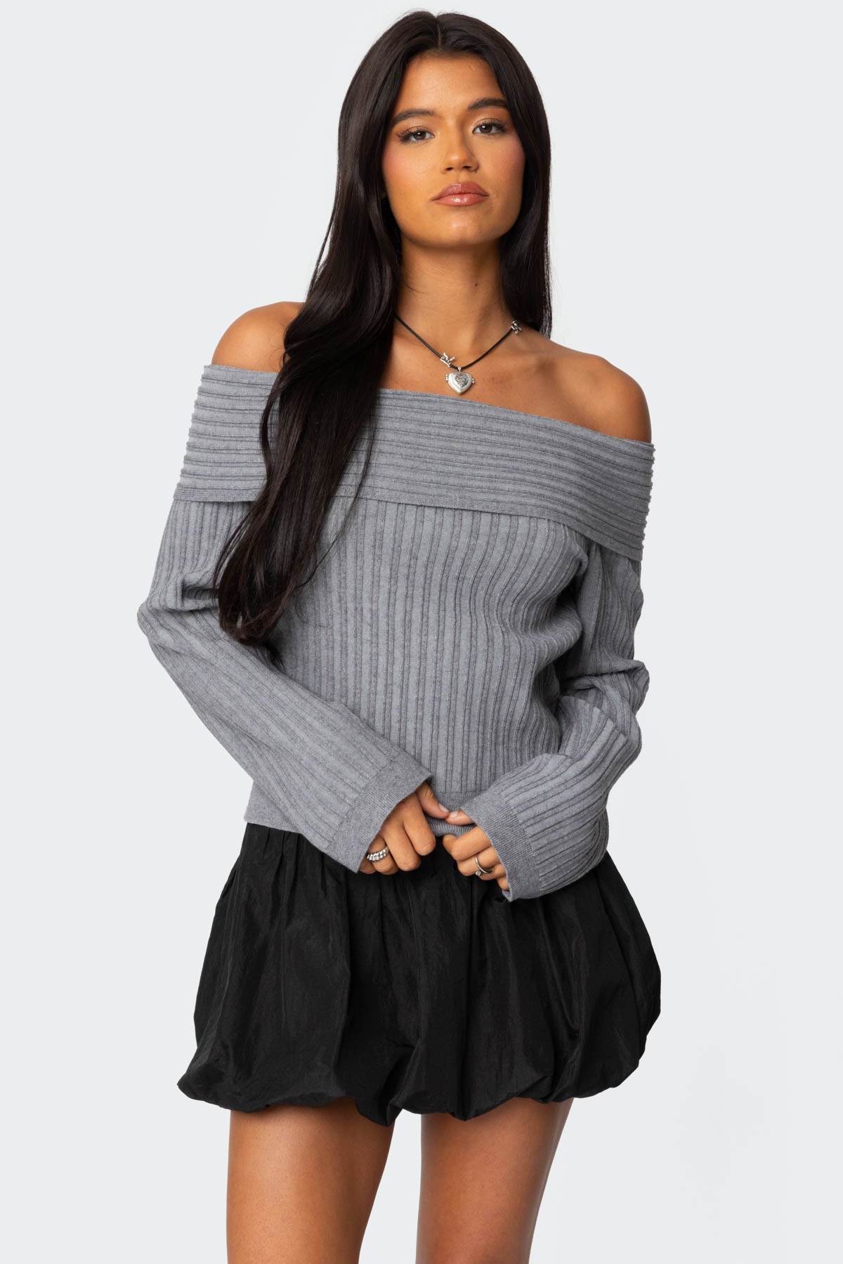 Brandy Fold Over Ribbed Sweater - DARK GRAY