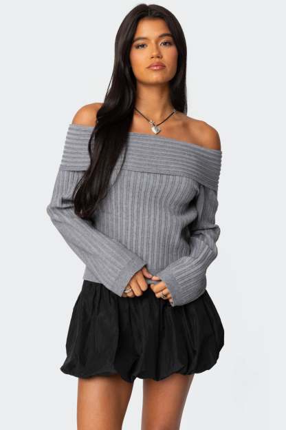 Brandy Fold Over Ribbed Sweater - DARK GRAY