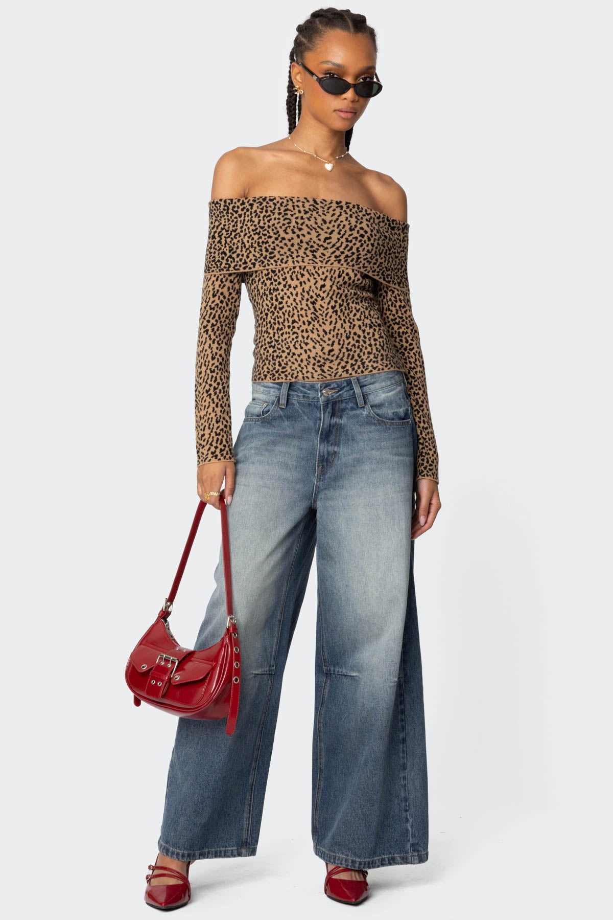 Leopard Printed Fold Over Knit Top - LEOPARD