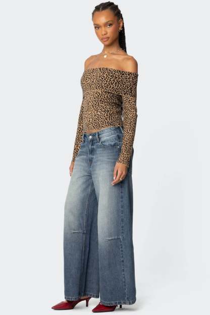 Leopard Printed Fold Over Knit Top - LEOPARD