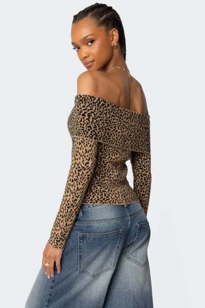 Leopard Printed Fold Over Knit Top - LEOPARD