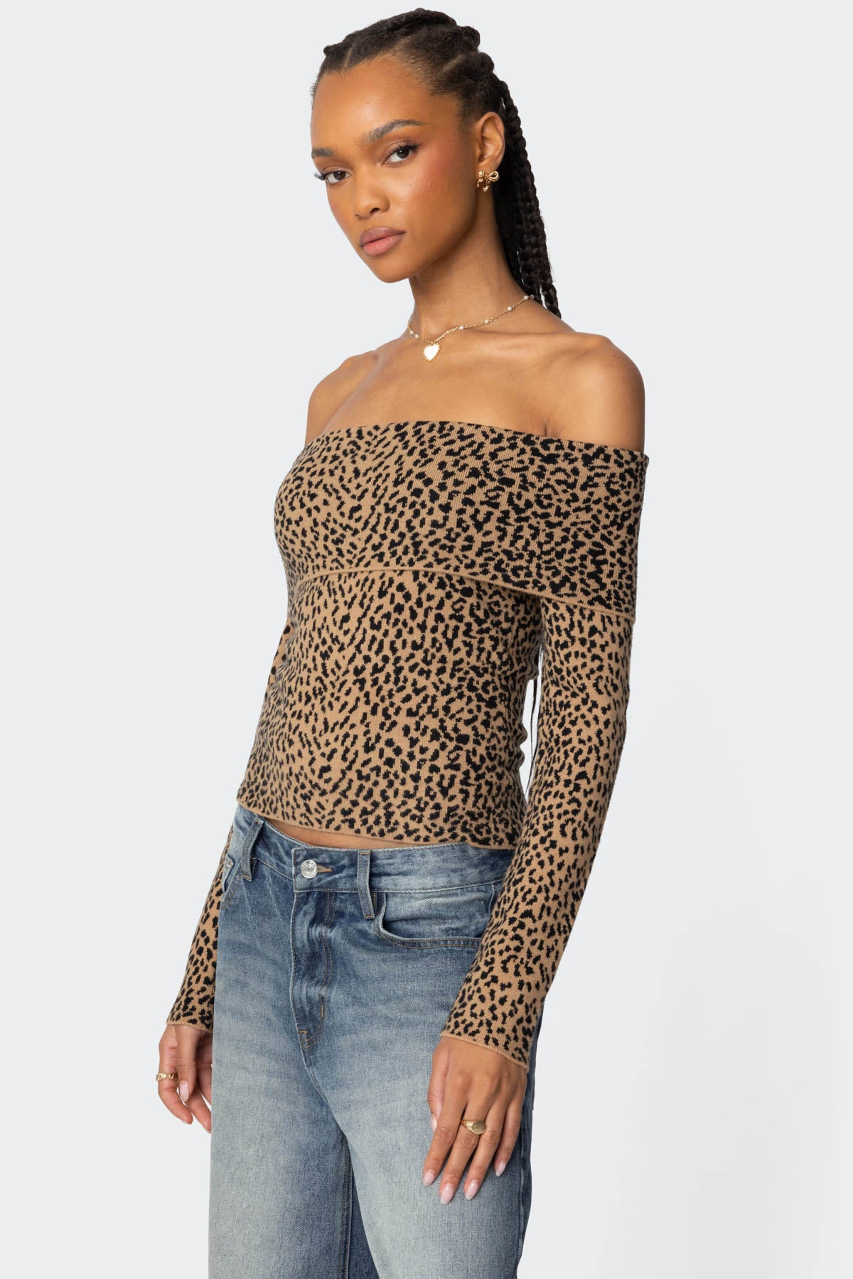 Leopard Printed Fold Over Knit Top - LEOPARD