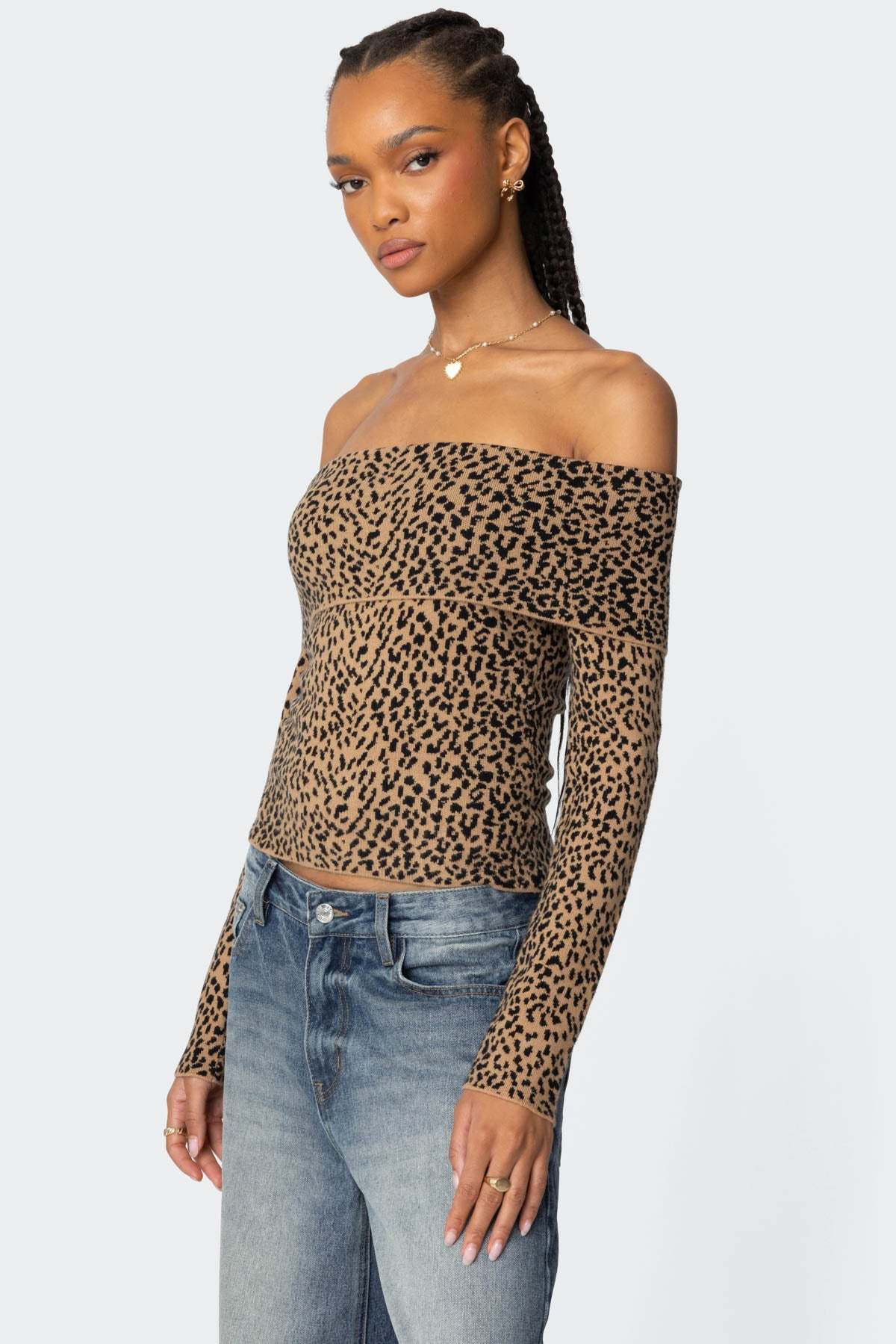 Leopard Printed Fold Over Knit Top - LEOPARD