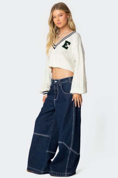 Collegiate Cropped Cable Knit Sweater - CREAM