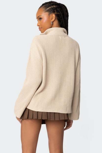 Amour High Neck Oversized Zip Sweater - BEIGE