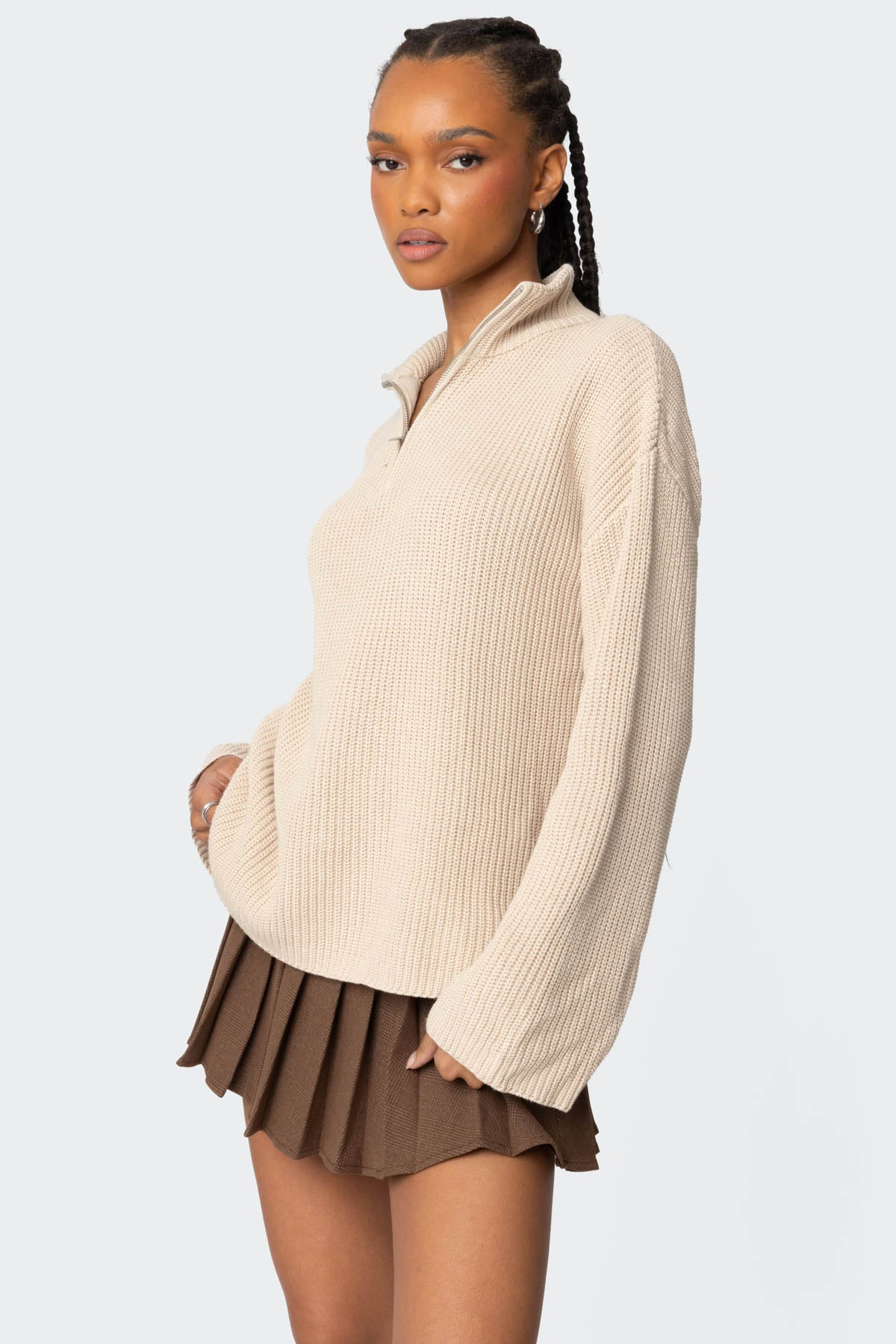 Amour High Neck Oversized Zip Sweater - BEIGE