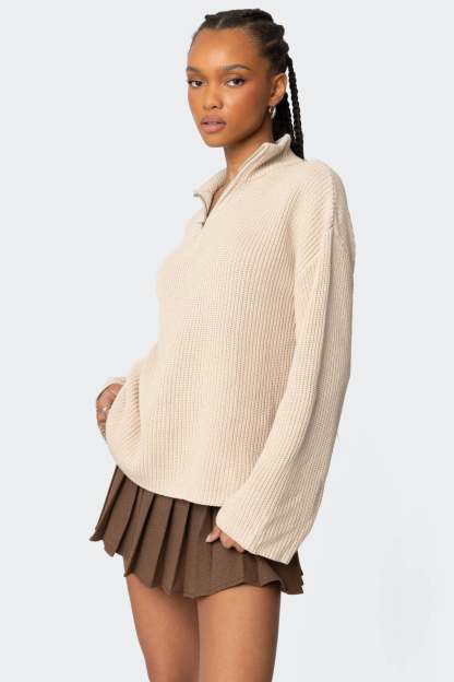 Amour High Neck Oversized Zip Sweater - BEIGE