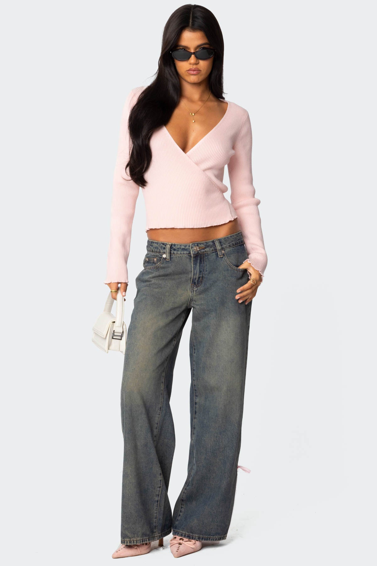 Paden Ribbed Knit Wrap Top - LIGHT PINK