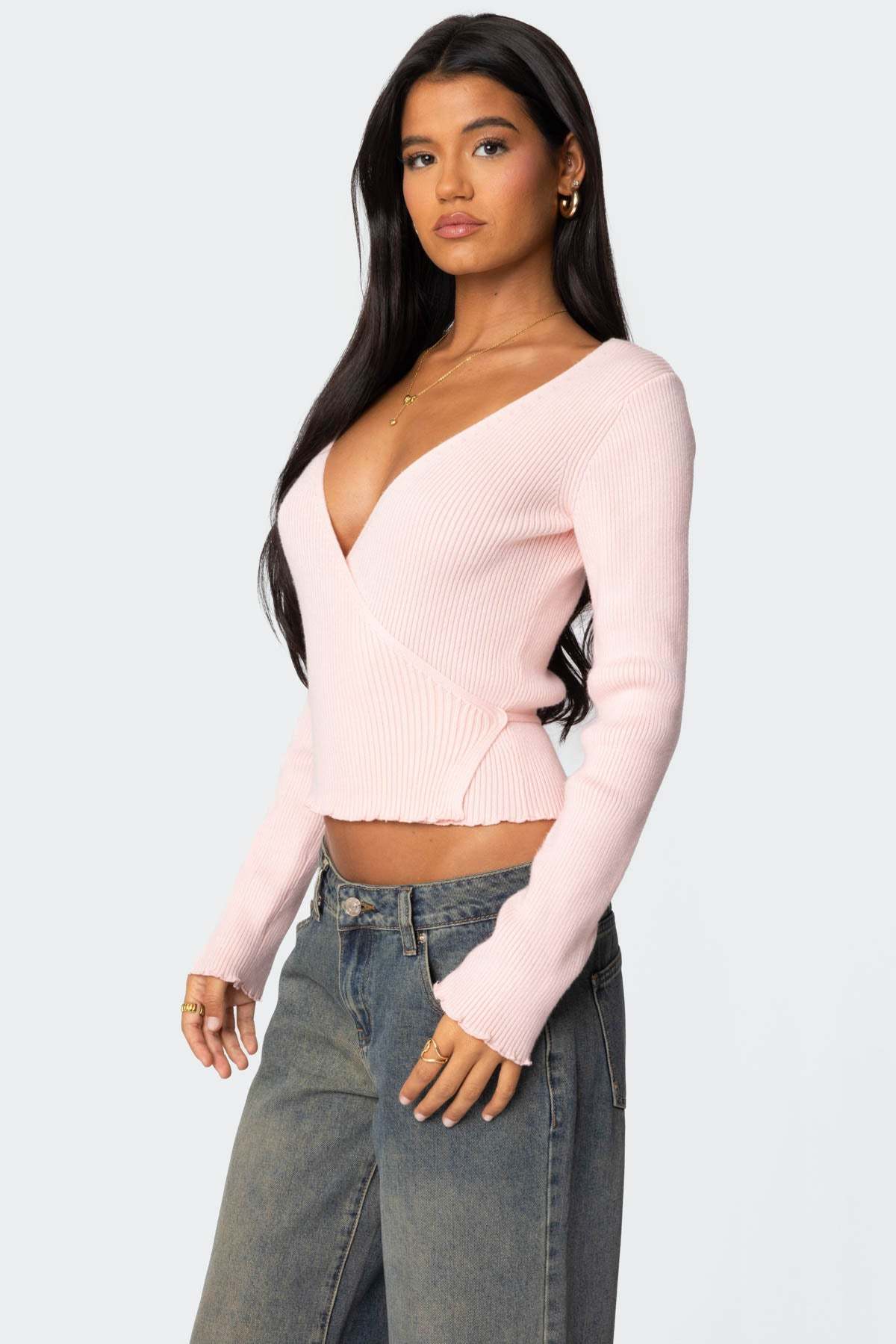 Paden Ribbed Knit Wrap Top - LIGHT PINK