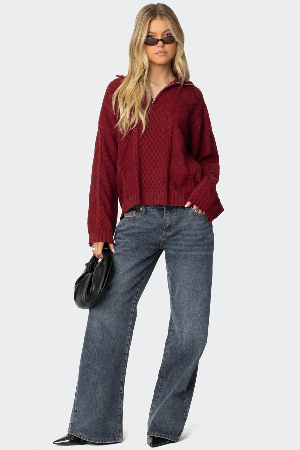 Oversized Quarter Zip Cable Knit Sweater - BURGUNDY