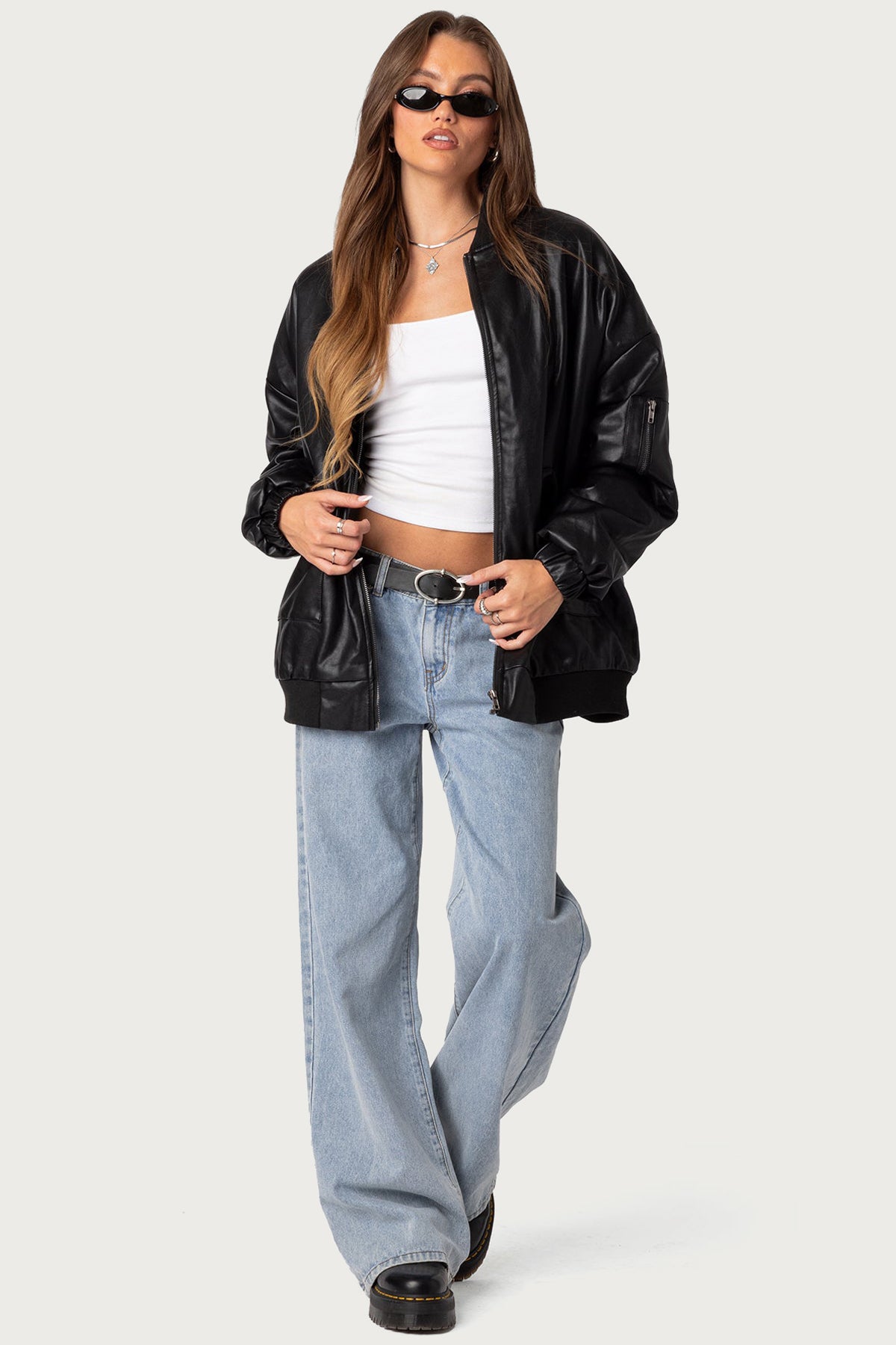 Faux Leather Oversized Bomber Jacket - BLACK