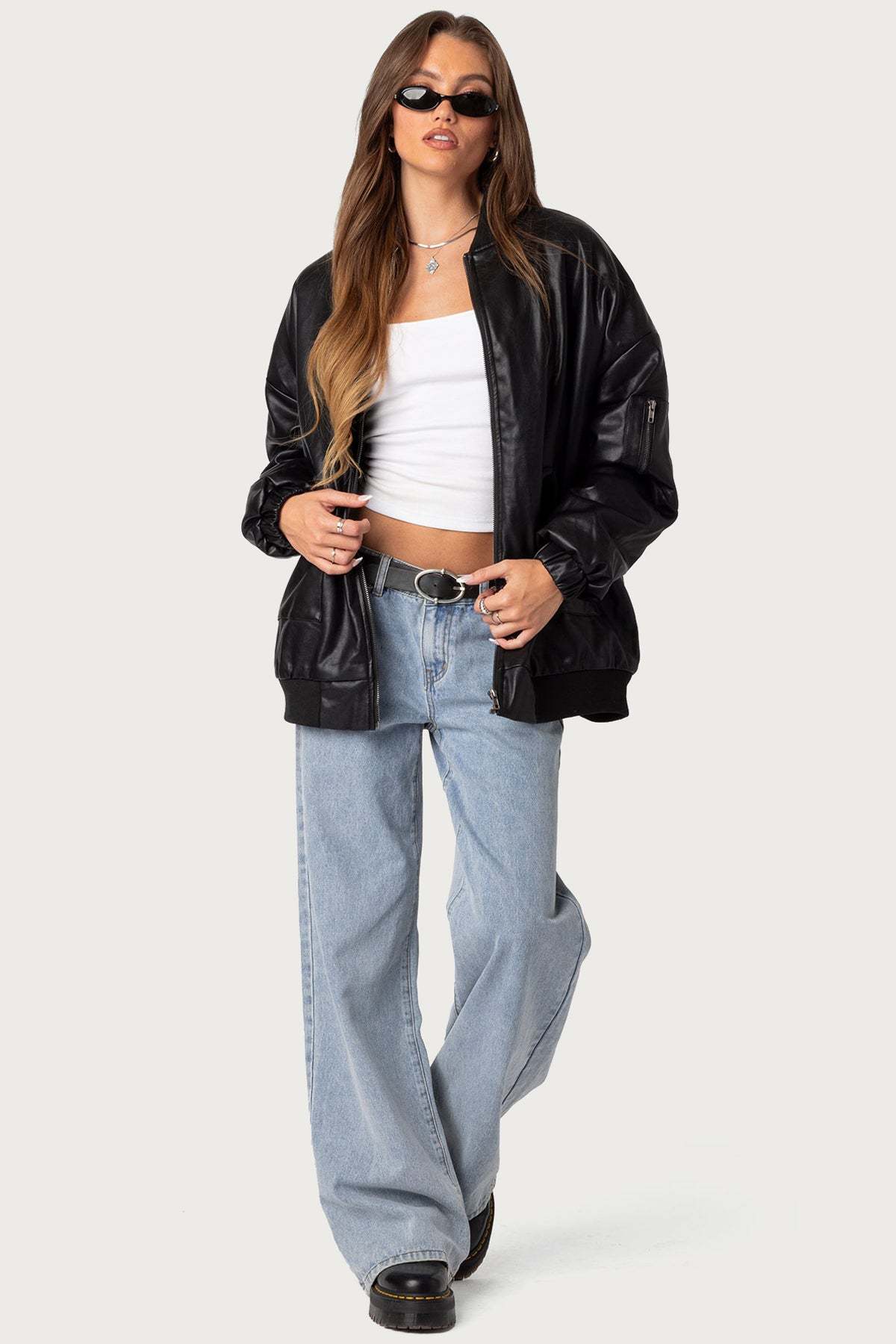 Faux Leather Oversized Bomber Jacket - BLACK