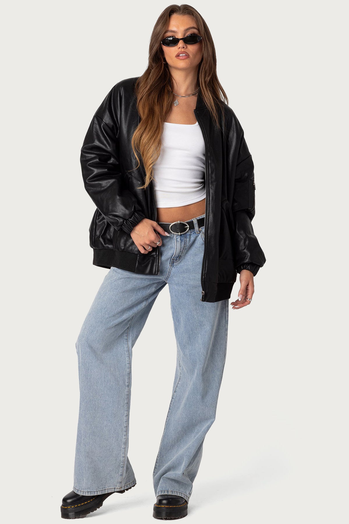 Faux Leather Oversized Bomber Jacket - BLACK
