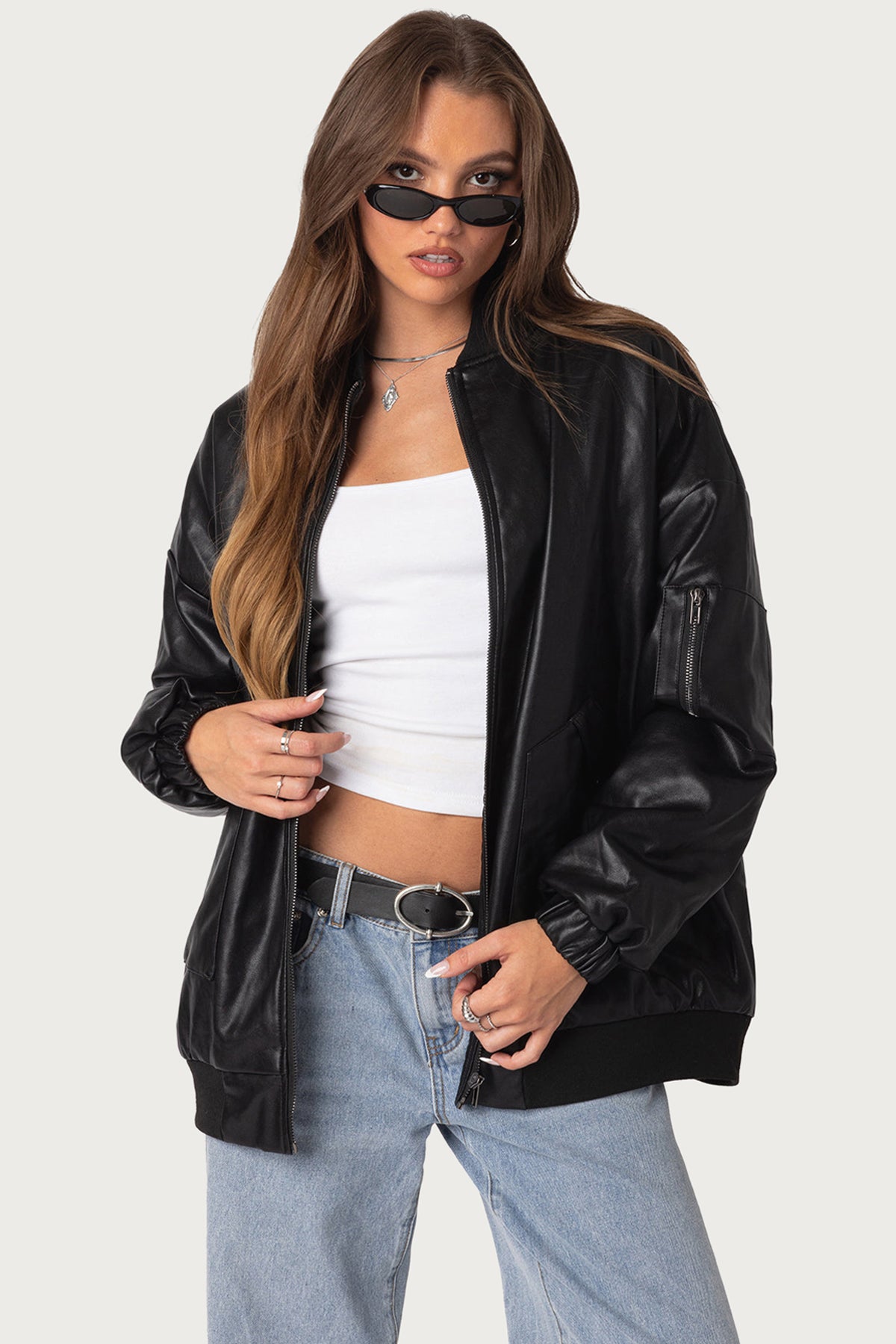 Faux Leather Oversized Bomber Jacket - BLACK
