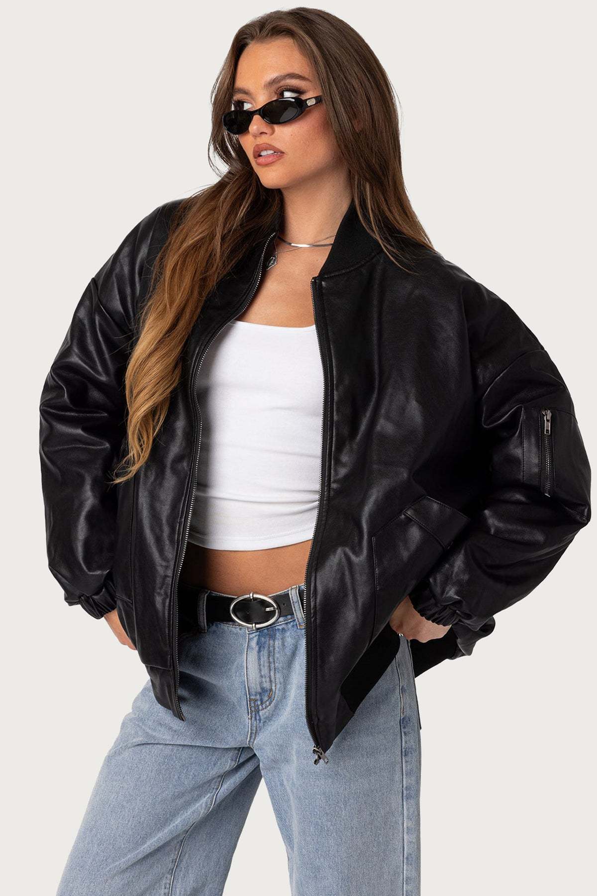 Faux Leather Oversized Bomber Jacket - BLACK