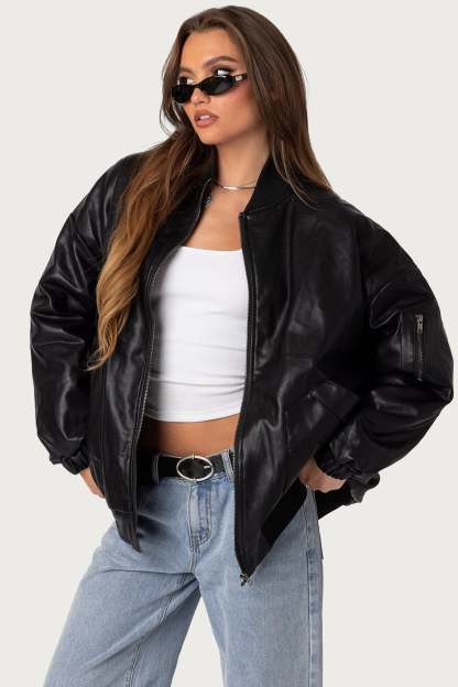 Faux Leather Oversized Bomber Jacket - BLACK