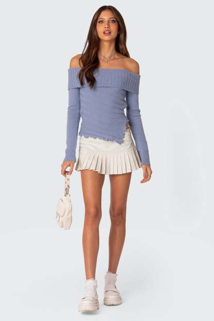 Sonya Fold Over Knit Top - BLUE