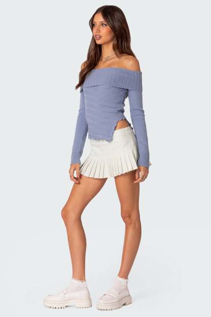 Sonya Fold Over Knit Top - BLUE
