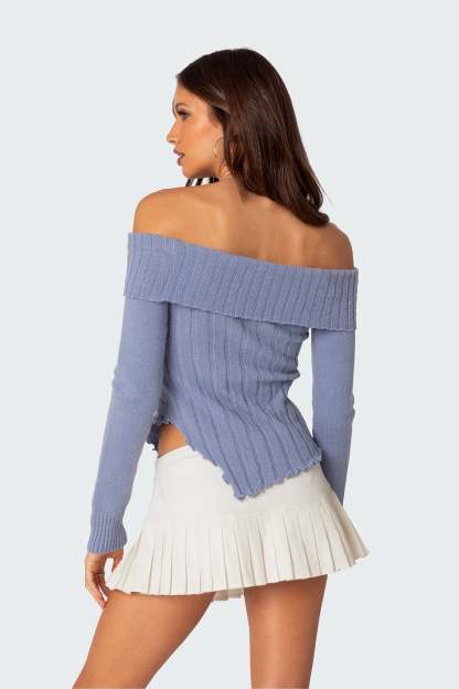 Sonya Fold Over Knit Top - BLUE
