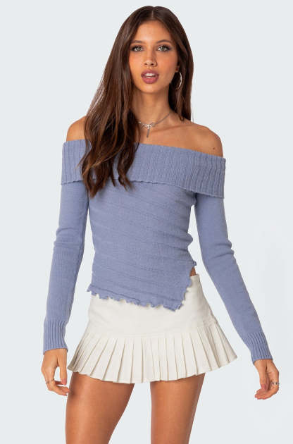 Sonya Fold Over Knit Top - BLUE