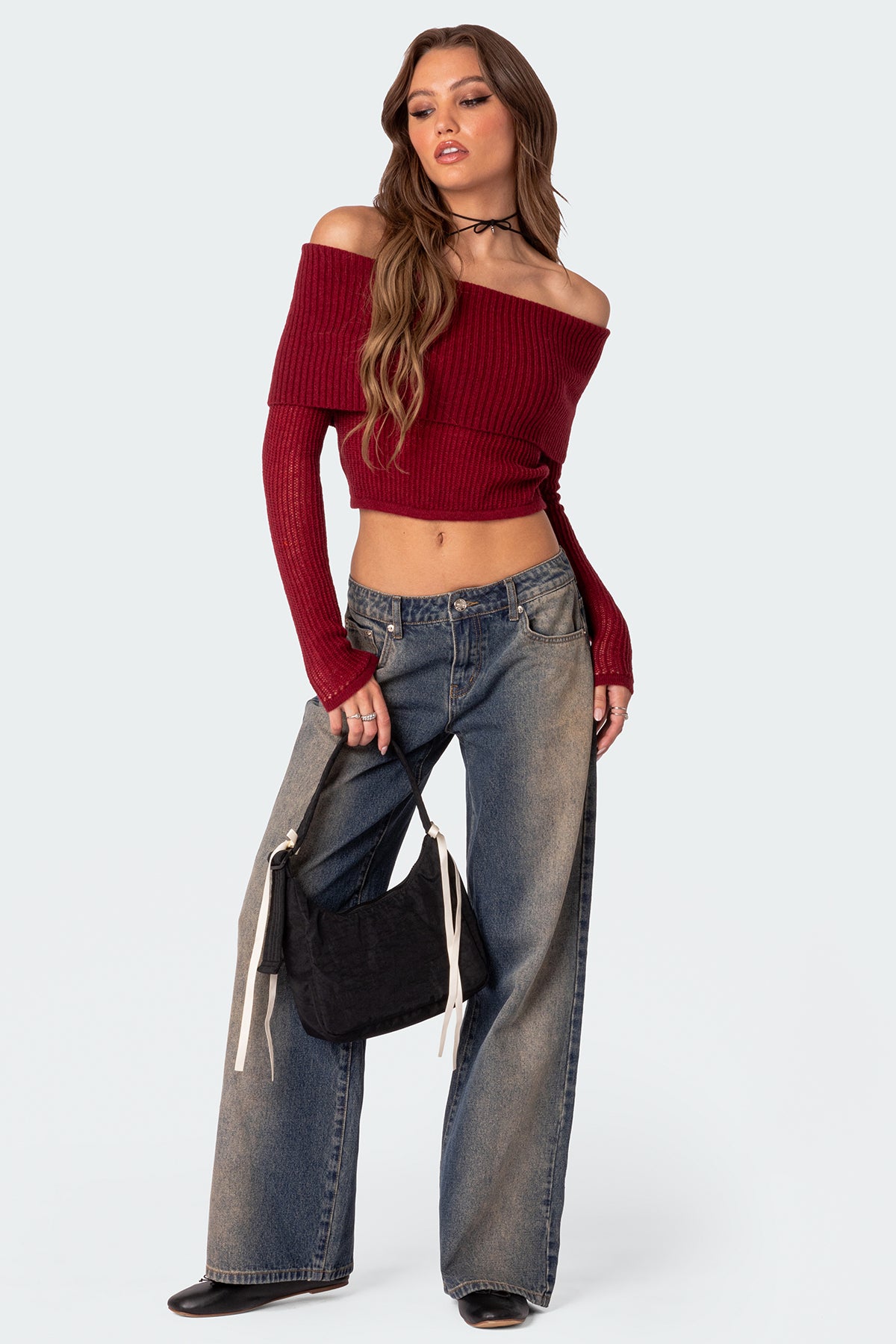 Lili fold over knit top - RED